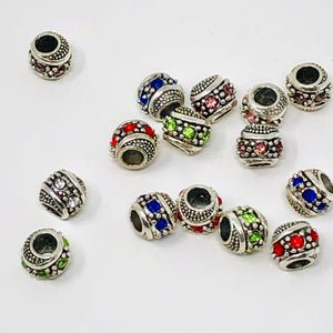 25 Piece Rondelle Alloy Rhinestone European Beads Antique Silver, Mixed Color Dreadlock Beads Free Threader Included - Locsanity